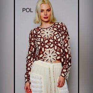 POL Brown and Cream Crochet Floral Top